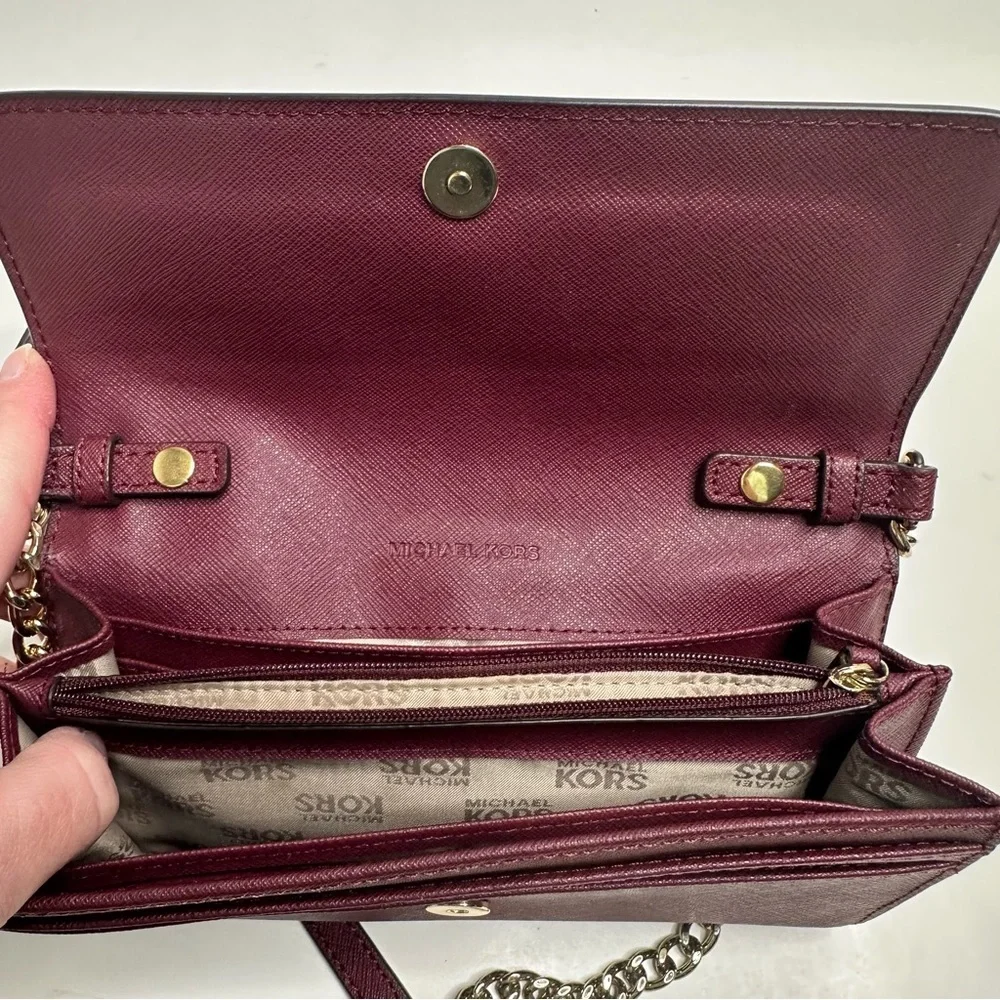 Michael Kors Saffiano Leather Chain Wallet Crossbody Burgundy